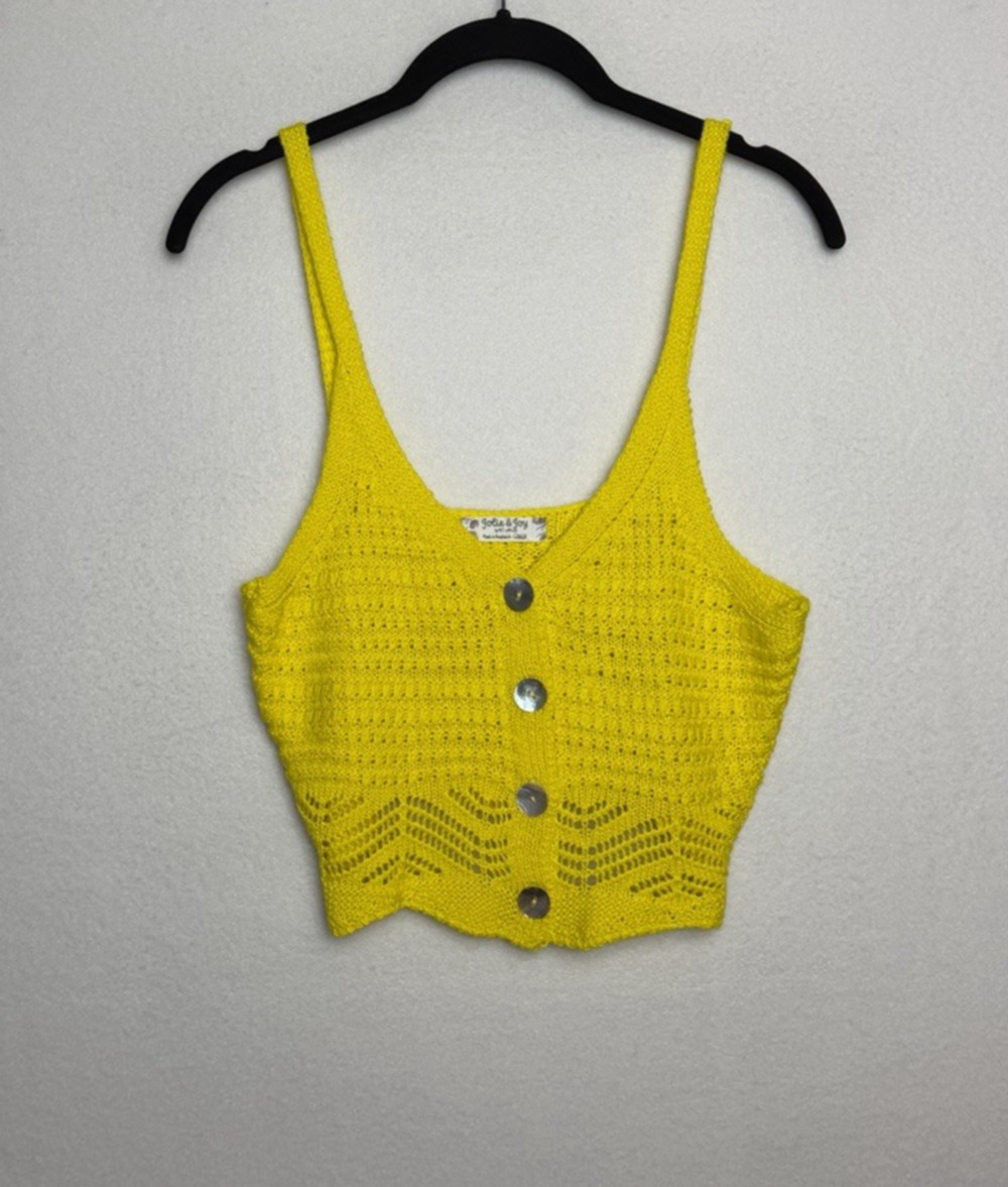 Jolie & Joy Yellow Knit Crop Top Size Large Spaghetti Straps Front Buttons